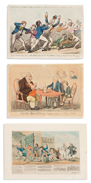 (CARICATURE.) Group of 9 hand-colored English satirical etchings.